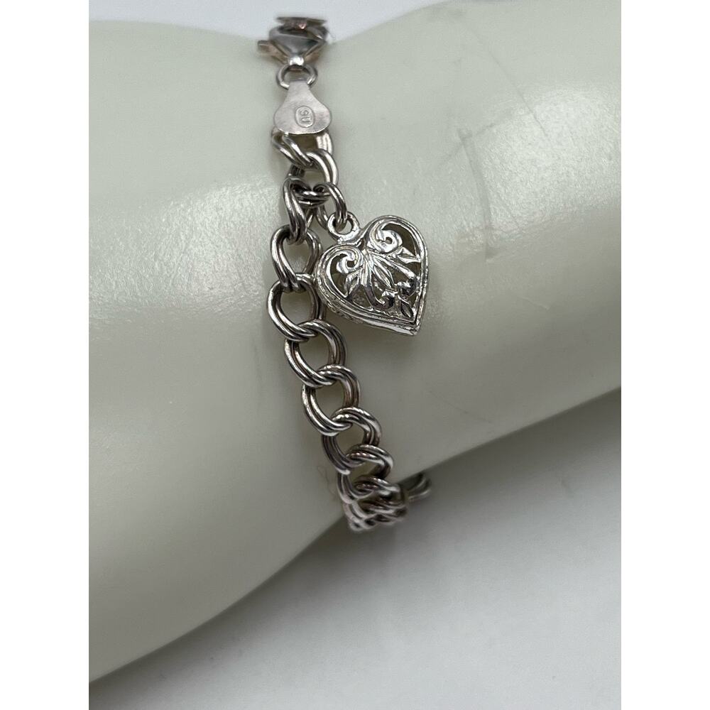 SU Sterling Silver Signed Italy Double Link Charm Bracelet‎ With Heart Charm
